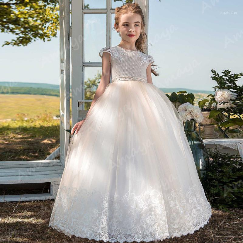 

Amaya Champagne Flower Girl Dresses Beaded Crystal Belt Lace Appliques Puffy Holy Communion Gowns Kids Prom Dress Vestidos niña1, White