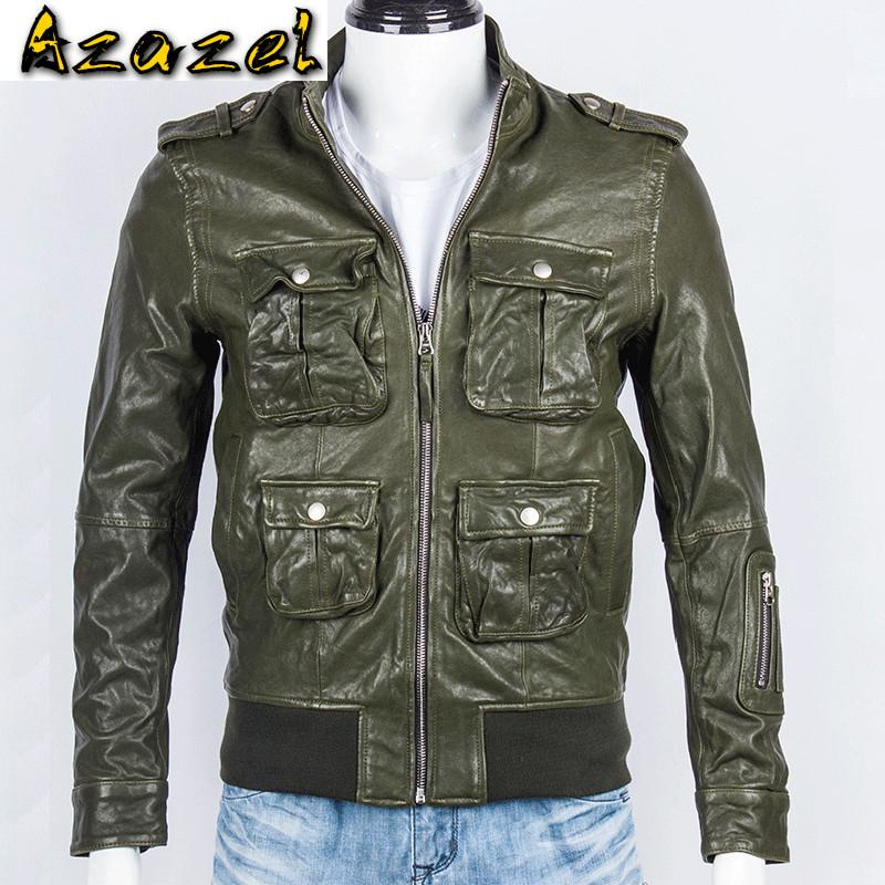 

European Style Personality Real Leather Jackets and Coat For Mans Biker Man's Genuine Leather Bomber Jackets Plus Size XXXL, Sheepskin green