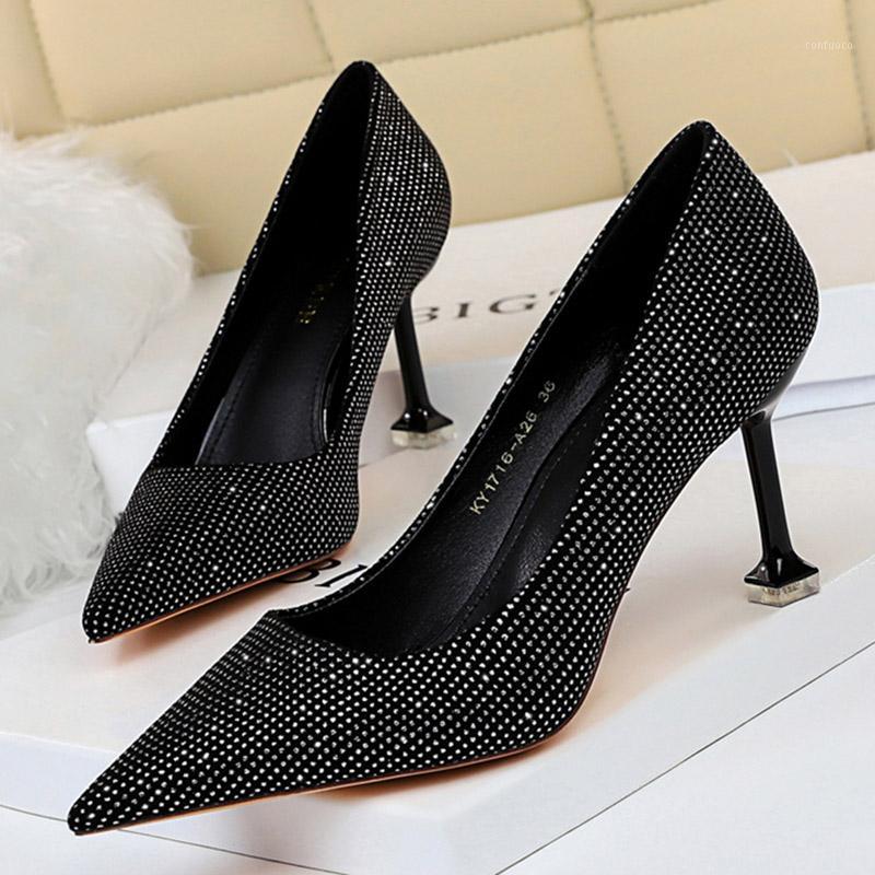 

2020 Luxury Women 7cm Or 9.5cm Pencil High Heels Pumps Sparkly Black Pumps Glitter Crystal Ladies Party Shoes Plus Size1, 7cm black