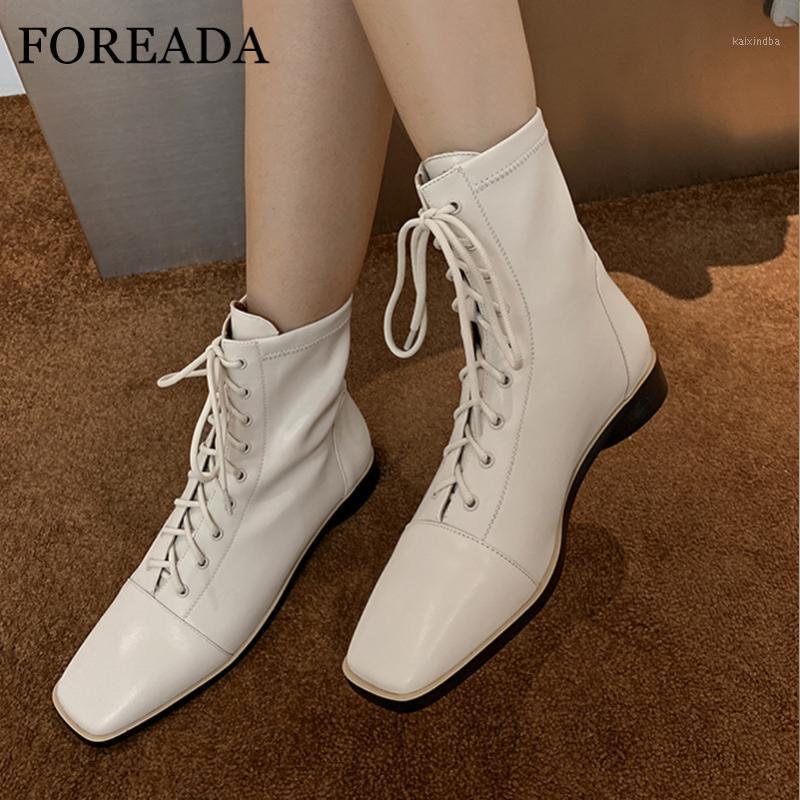 

FOREADA Real Leather Ankle Boots Square Toe Low Heel Woman Boots Block Heel Shoes Lace Up Short Ladies Autumn Black Beige1, Beige