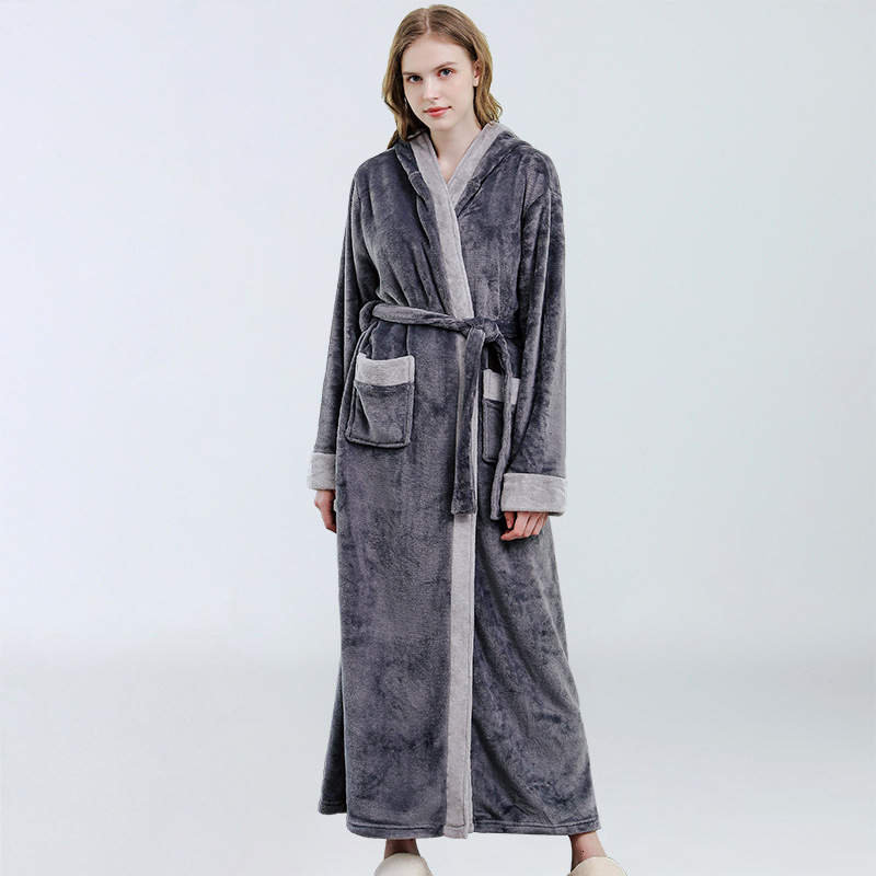 

2021 New Plus Size Autumn Winter Flannel Vintage Bathrobes Thicken Female Sleepwear v Long Sleeve with Hoodie Ladies 2ncs, Navy blue.