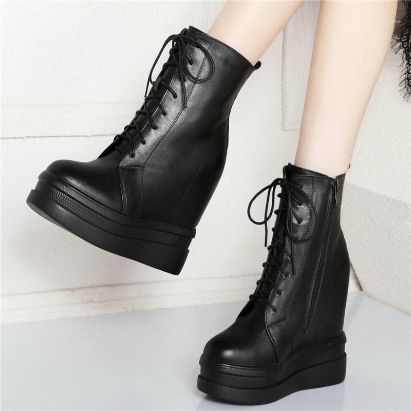 

Casual Shoes Women Cow Leather Wedges High Heel Ankle Boots Female Lace Up Round Toe Platform Pumps High Top Fashion Sneakers1, Black