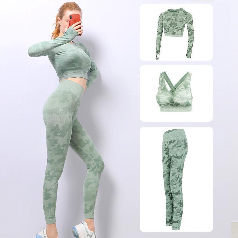 

2021 seamlessWomen' set gym suit yoga suit sports running sports three-piece suitCamouflage suitWomen' setwomen' fitness1, Black