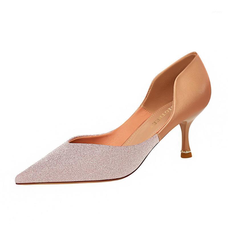 

Women's shoes 2020 new color sequins single shoe pointy soft bottom with soft heel comfortable sexy high heels1, Beige