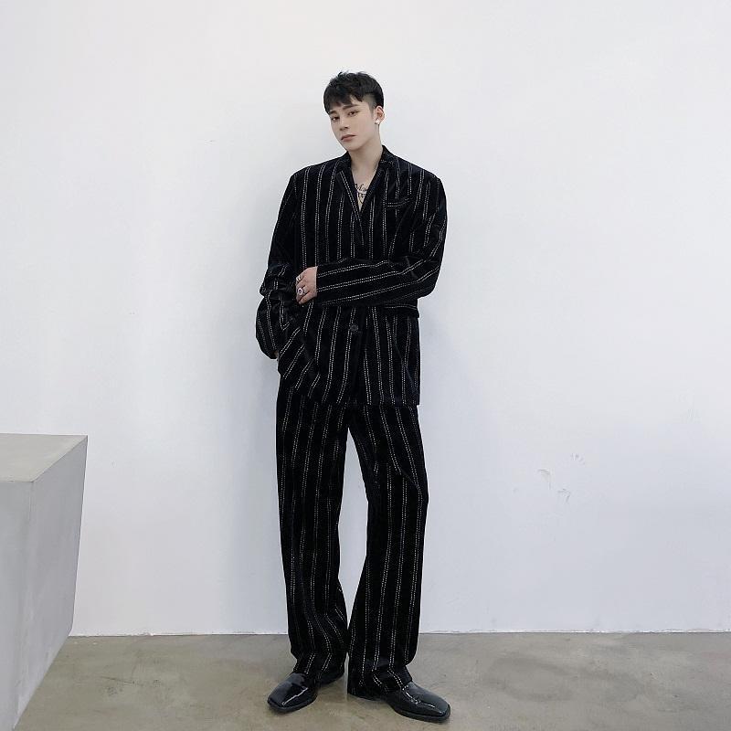 

Male Velvet Bright Diamond Stripes Vintage Casual Suit Blazers Jacket Straight Pant Men 2 Pieces Suits Sets Jacket+pant1, Black