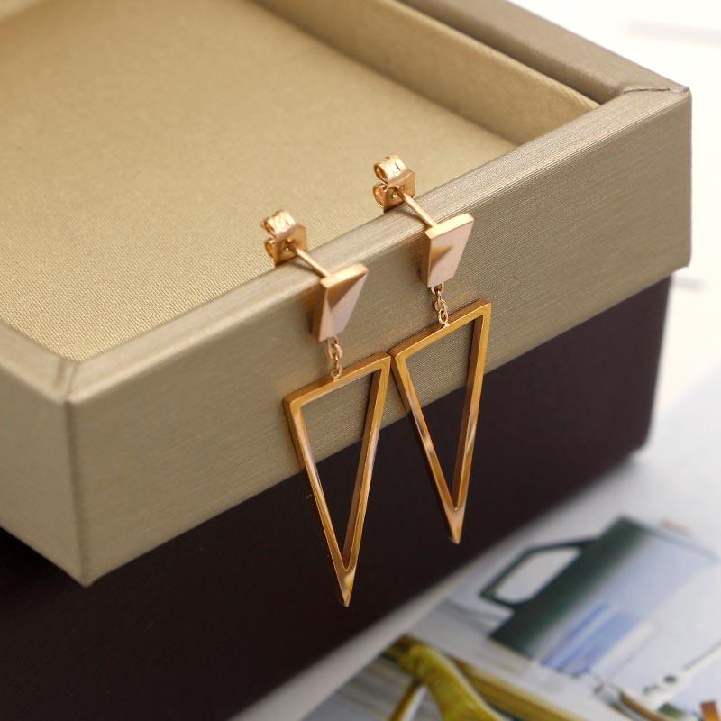 

2020 Trapezoid hanging hollow triangle drop earrings conform female fashion titanium steel rose gold earrings jewelry