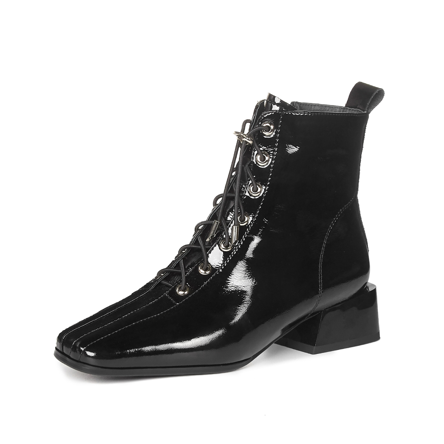

2021 New Women Med Heels Ankle Genuine Leather Corss-tied Basic Boots Square Toe Party Wedding Shoes Woman Size 41 42 Ec4n, Black