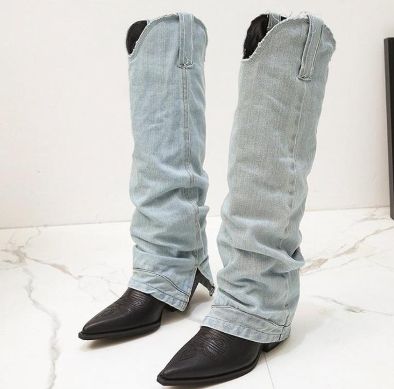 

Sexy Jean Boots Women's Kne-High Boot Slip-On High Heel Woman Pointed Jeans Boots Ladies Denim Boot Female Shoes, Black