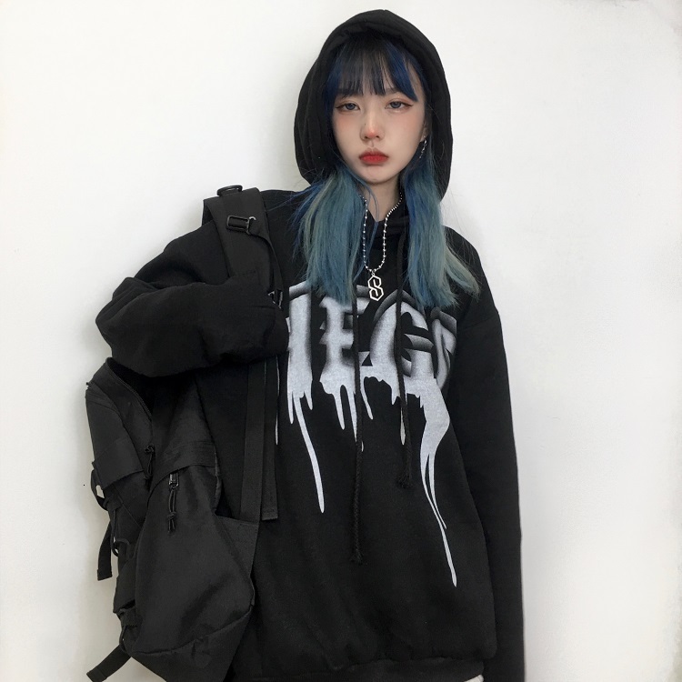 

2021 Autumn and Winter New the Funeral Diffuse Letter Hooded Impression Plus Velvet Quilted Female Sweater VNFJ, Black