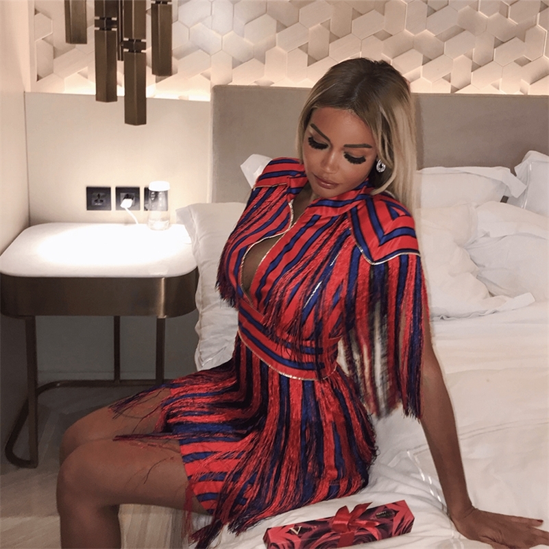 

Red Blue Striped Tassel Mini Party Dresses Women Outfit Summer Celebrity Club Wear Fringe Vestidos Sexy Sheath Runway Dress T200710, Black;gray