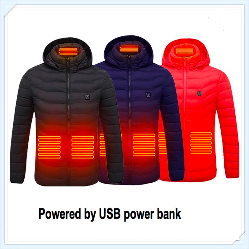 

Men Winter Warm +USB Heating Jackets Smart Thermostat Pure Color Hooded Heated Clothing Waterproof Warm Jackets Electric Thermal, Black