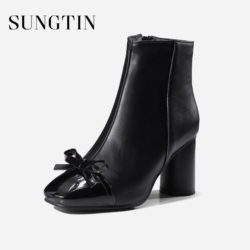 

Sungtin Fashion Butterfly-knot Square Toe Ankle Boots Women Shoes Sexy Round High Heels Autumn WIinter All Match Short Boots, Black