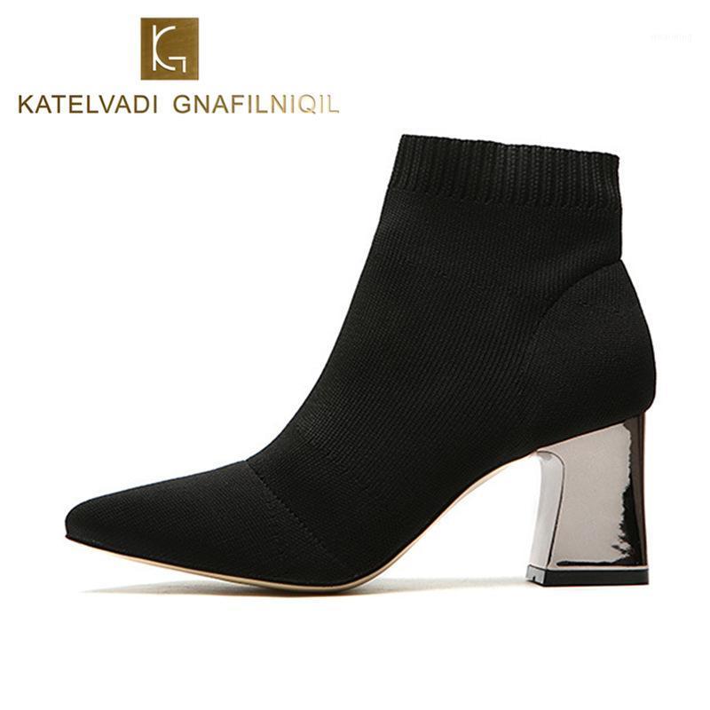 

Fashion Women Winter Shoes Black Snow Boots Women Square Heels Pointed Toe Ladies Ankle Boots Sock Shoes Plus Size K-1871