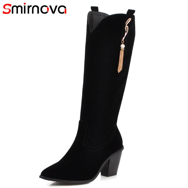 

Smirnova new arrival 2020 winter women boots slip on shoes fashion pointed toe high heels shoes sexy ladies knee high boots, Black