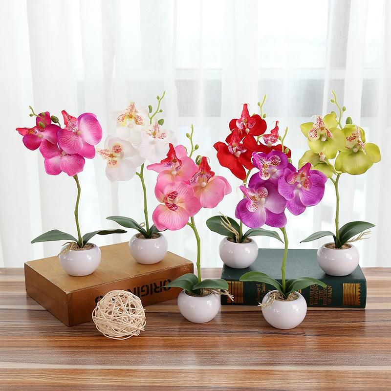 

One Set Potted Bonsai Fake Plants Artificial Butterfly Orchid Flower for Home Garden Decoration Flower Arrangement Accessories, Red