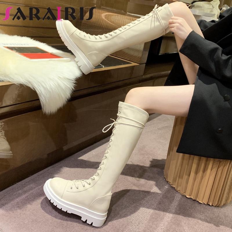 

SaraIris New Arrivals Brand Quality Dropship Chic Shoes Boots Women Chunky Heels Platform Cool Shoelaces Riding Boot Footwear, Beige