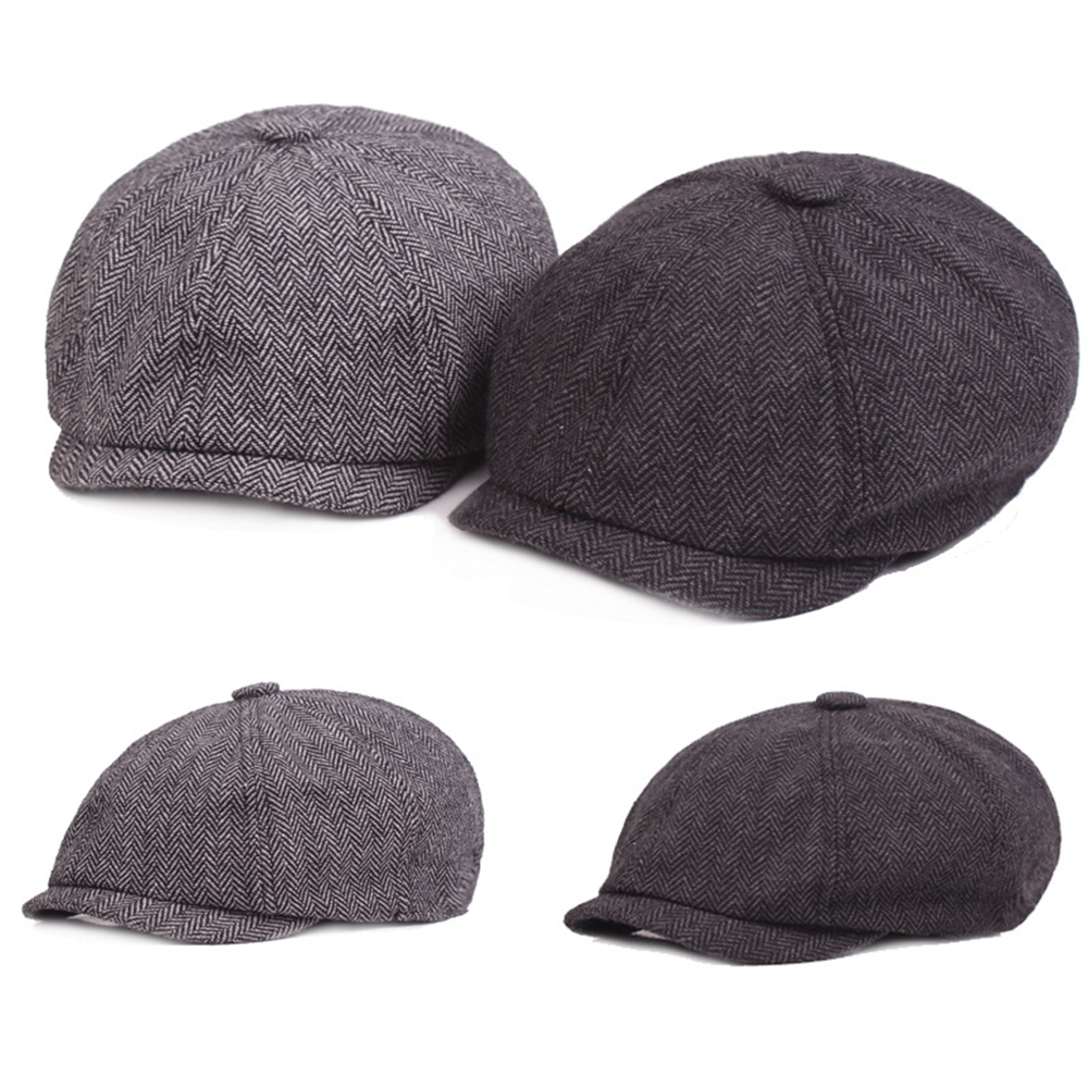 

1pcs New Autumn Winter Men Flat Cap Grey herringbone Newsboy Bakerboy Hats Cotton Beret Hat British Retro Men Woolen Flat Cap, Black