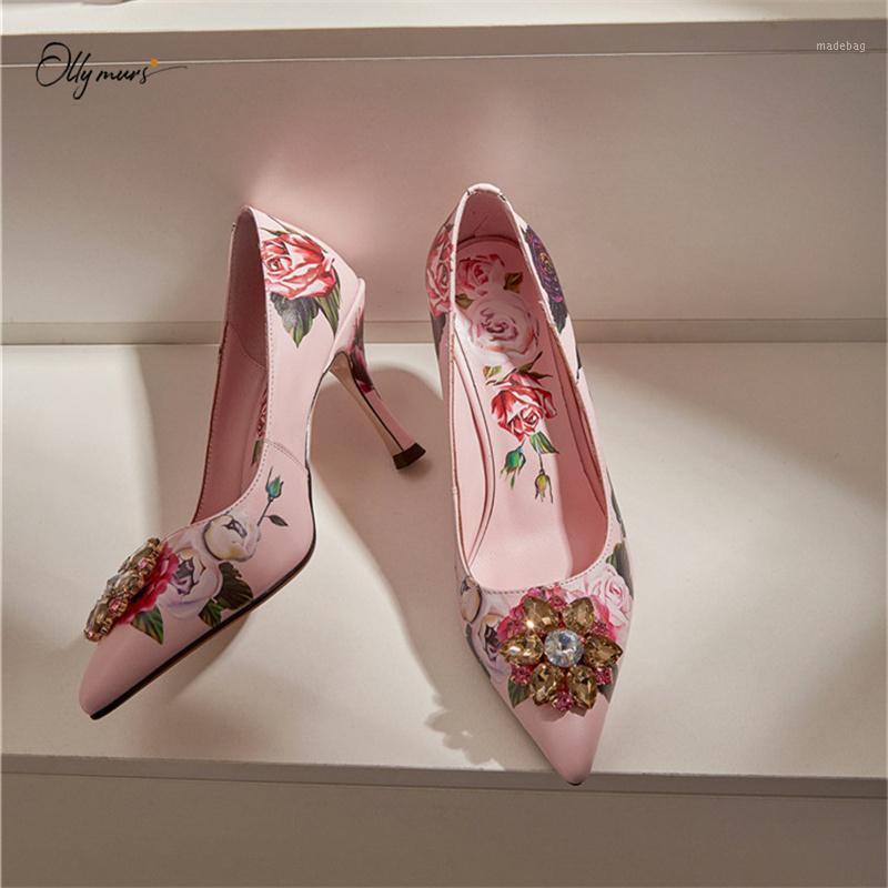 

OllyMurs Pink Spring Summer Genuine Leather Women Pumps Sexy Pointed Toe Crystal Thin High Heel Women Pumps Party Shoes Woman1, As pic