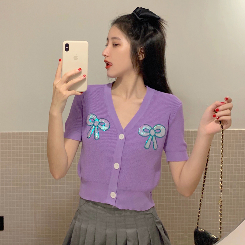 

2021 New summer butterfly sweet short sleeve single button v neck crochet t-shirts of women women's shirt femme (c1320) G5EV, Lavender