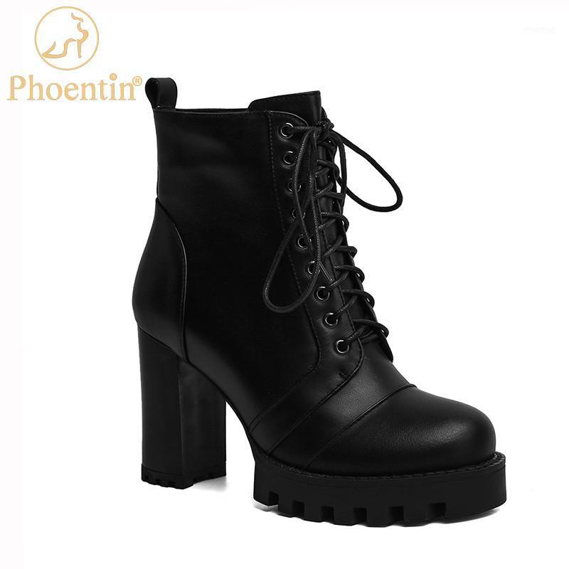 

Phoentin women genuine leather boots with zip womens platform heels black lace up boots stylish round toe FT11091, Polish black
