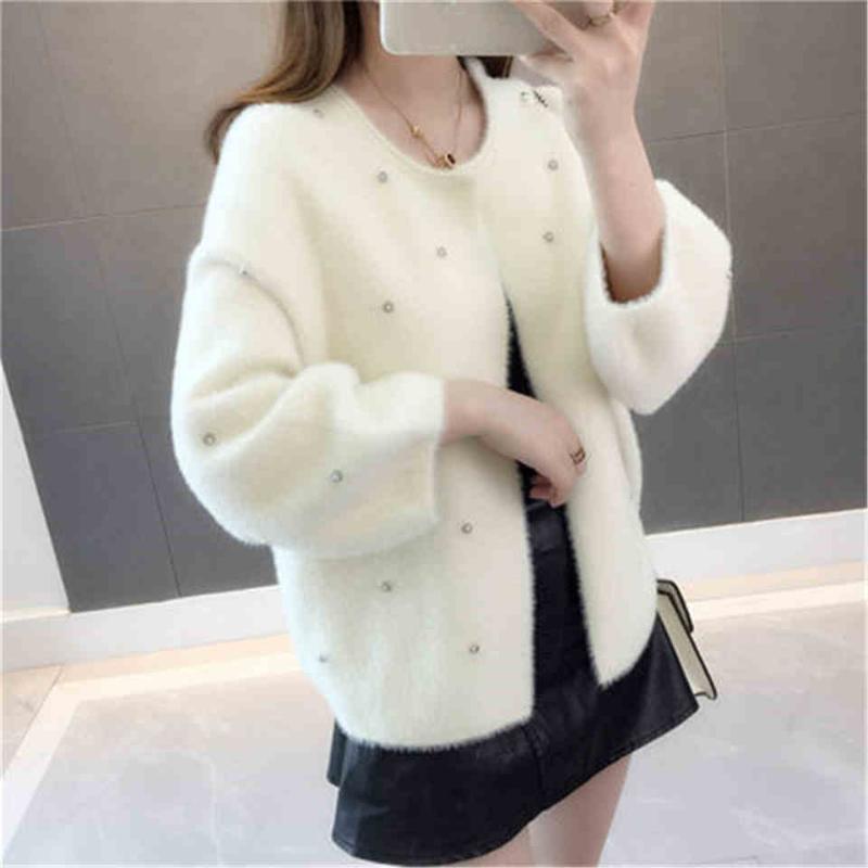

Women's Knits & Tees 2022 Spring Autumn Fashion Beading Loose Faux Mink Knitted Cardigan Sweater Coat Female Fluffy Tricot Open Stitch Tops, White