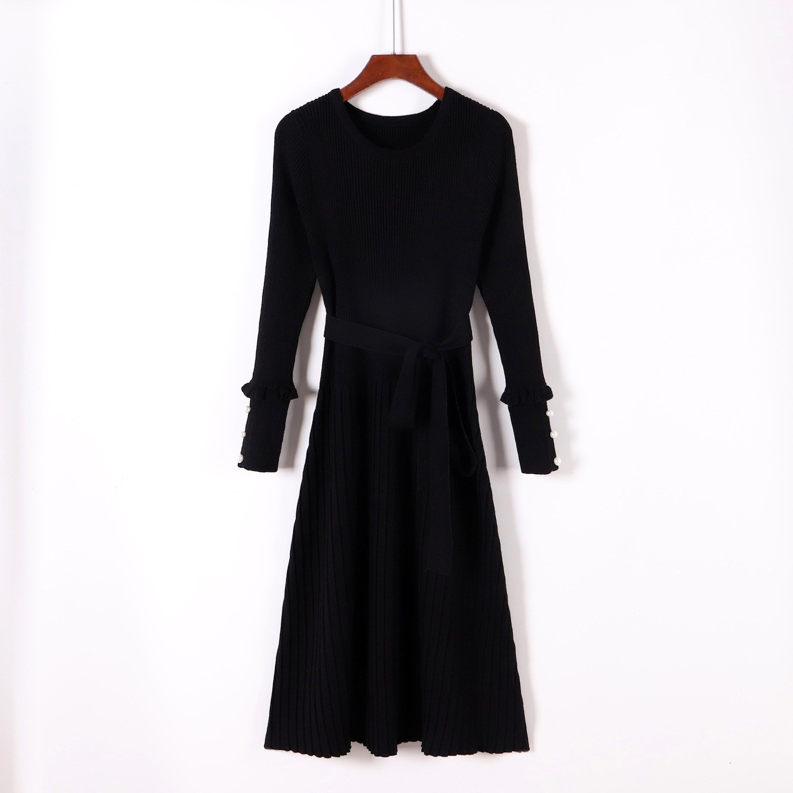 

2021 New a Line Women Sweater Dress Pleated Swing Wrap Belted o Neck Long Sleeve Autumn Winter Chic Beading Lady Dresses Vdyu, Black