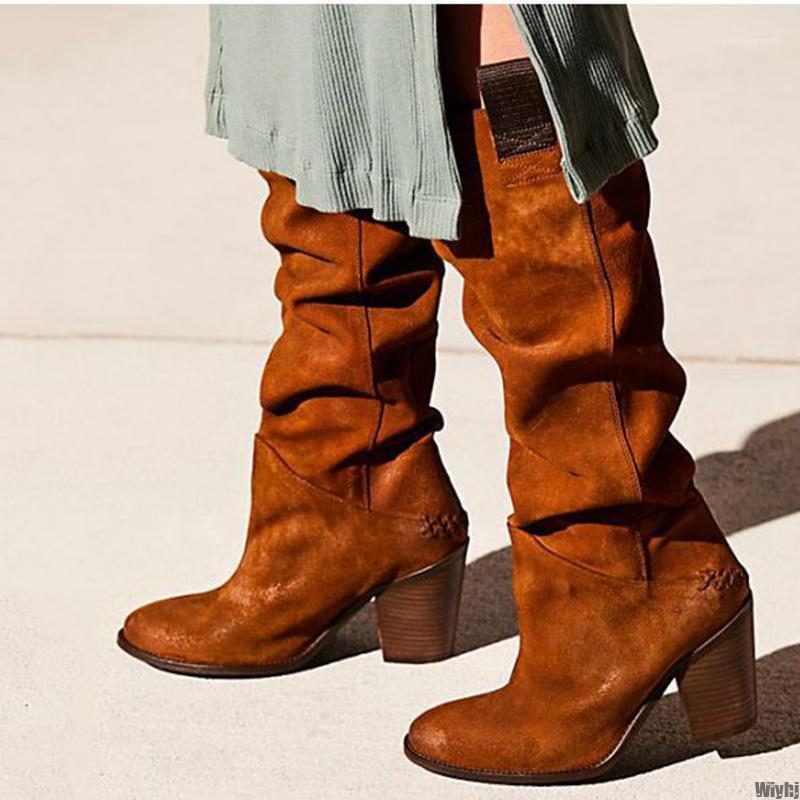 

New Ladies Fashion Platform Boots Medium calfskin boots worn on low-heeled solid low-heeled ladies winter casual warm shoes1, Brown
