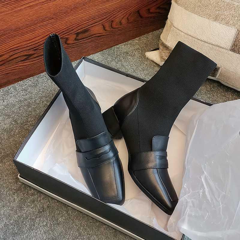 

2020 Winter Newest Square Toe Ladies Boots Genuine Leather Concise Med Heels Working Party Shoes Woman Heels1, Niupi