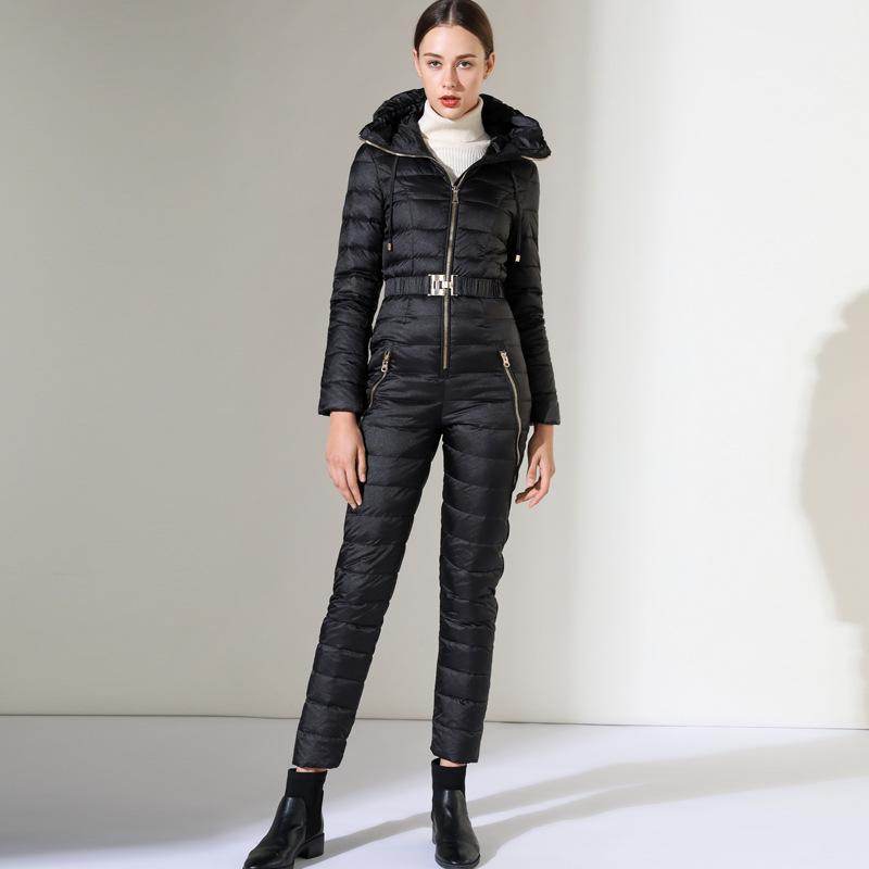 

2020 European and American women cultivate morality jumpsuits down jacket waist thickening outdoor skiing feather suit, Black