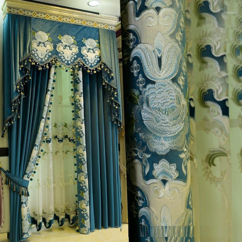 

French window Italian flannel laser pasted flannel flower cloth bedroom girl room finished curtain warm blue1, Tulle