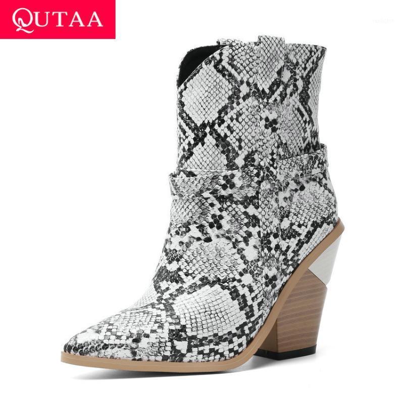

QUTAA 2020 Snakeskin PU Leather Autumn Winter Fashion Ankle Boots Pointed Toe Square High Heel Slip on Women Shoes Size 34-431, White