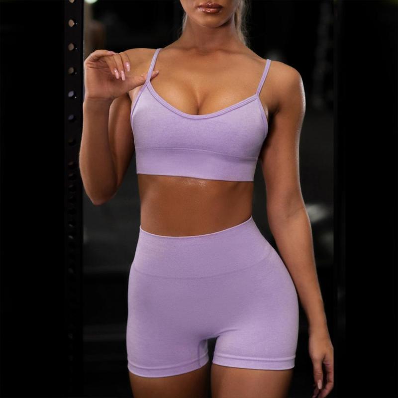 

Women Seamless Sport Suit Gym Workout Clothes Fitness Crop Top Bra High Waist Shorts Running Clothing Summer Purple Yoga Set, Beige