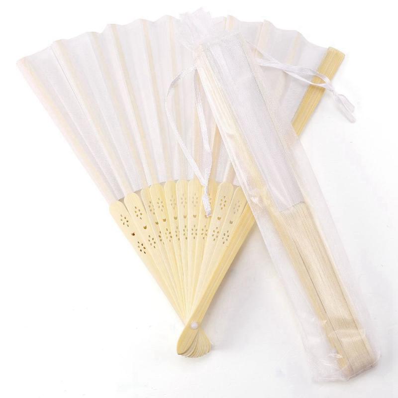 

24 pcs/lot White Folding Elegant Silk Hand Fan with Gift bag Wedding & Party 21cm