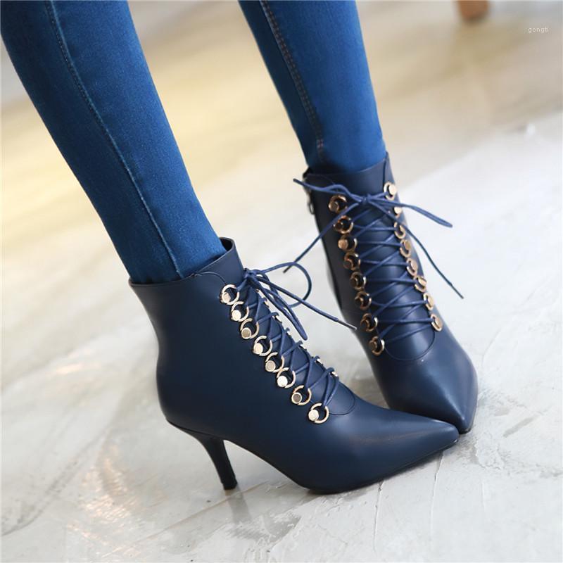 

YMECHIC 2020 Fashion Sexy Cross Tied Lace Up Stiletto Shoes High Heels Rivets Pointed Toe Ankle Ridding Boots Female Plus Size1, Black