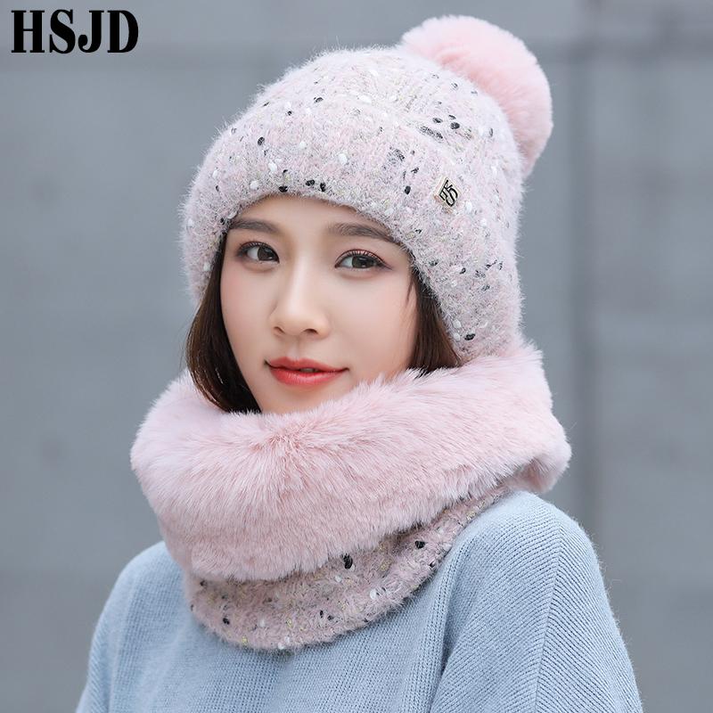 

Sweet lovely Snowflake Dots Knitted Hat And Mink Plush Scarf 2Pcs Set Winter Women's Hats Thick Warm Skullies Beanies Female Cap, White
