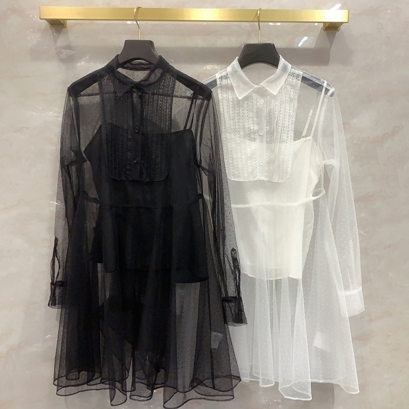 

Pinlei silk screen polka dot dress long sleeve sling lining transparent pleated two piece shirt skirt, White