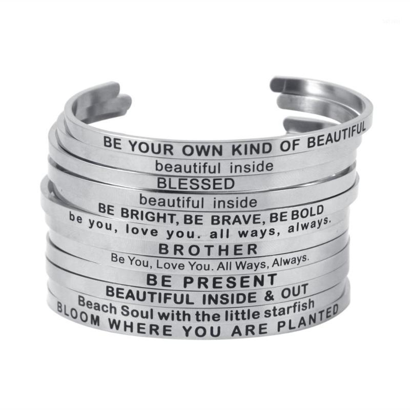 

New Silver Stainless Steel Bangle 4 mm Engraved Positive Inspirational Quote Handmade Cuff Mantra Bracelets For Women Best Gifts1