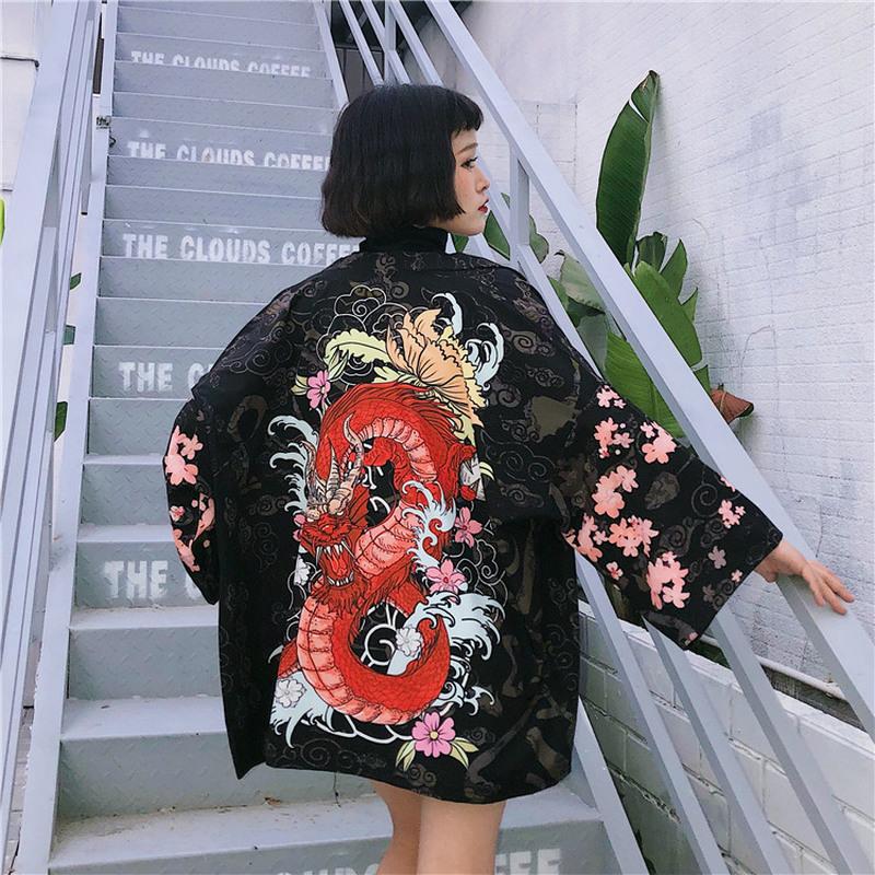 

Harajuku Shirts Women Kimons Blouse Dragon Printing Causl Cardigan Summer Fashion Outwear, Black blouse