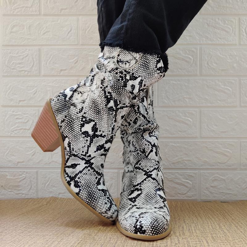 

PU Leather Snake Grain Boots Round Toe Slip-On Square Heels wild vintage Women Boots British Style Round chunk heels shoes lady, Black