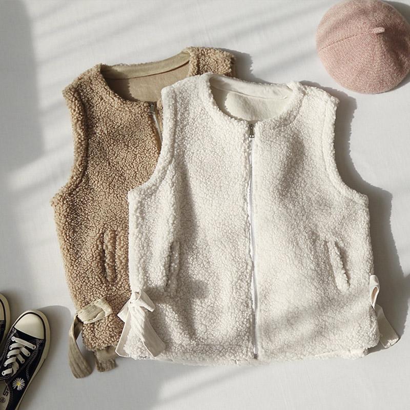 

Lambswool Zipper Warm Women's Vests Solid O-neck Sleeveless Drawstring Pocket Female Vest Winter New Loose KoreanLDD20211009, Gray