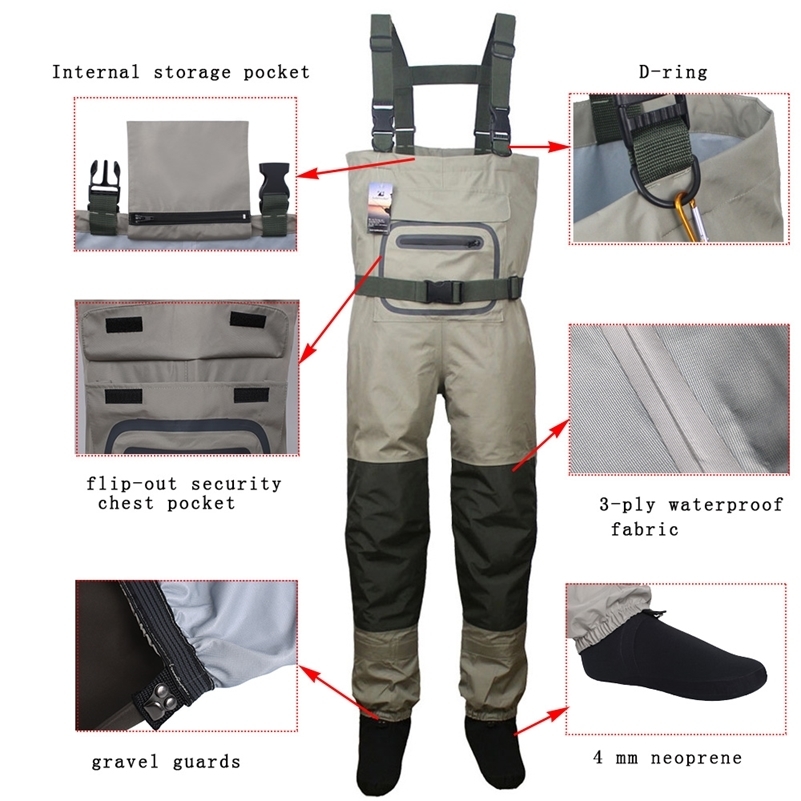 

Men' Fly Fishing Waders Hunting Chest Wader outdoor Breathable Clothing Wading Pants Waterproof Clothes overalls stocking foot 201211, Kit1