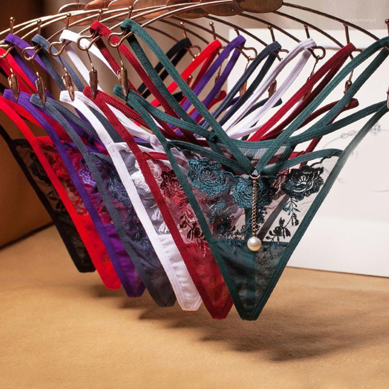

Flower Embroidery Net Yarn Sexy Cross Strap Panties For Women With Pearl Drop Pendant Thongs and G strings Underwear1, Blue
