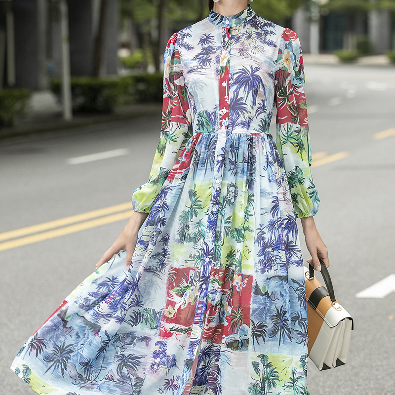 

Bohemia Holiday Printing 2021 Autumn New Style Sleeves Stylish Thin Shirt Long Dress Female High Quality 1jc0, Multiple
