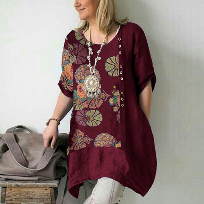 

ZANZEA Vintage Floral Printed Blouse Women Short Sleeve Patchwork Shirt Loose Casual Blusas Femininas Chemise Summer Tops Tunic, Wine red