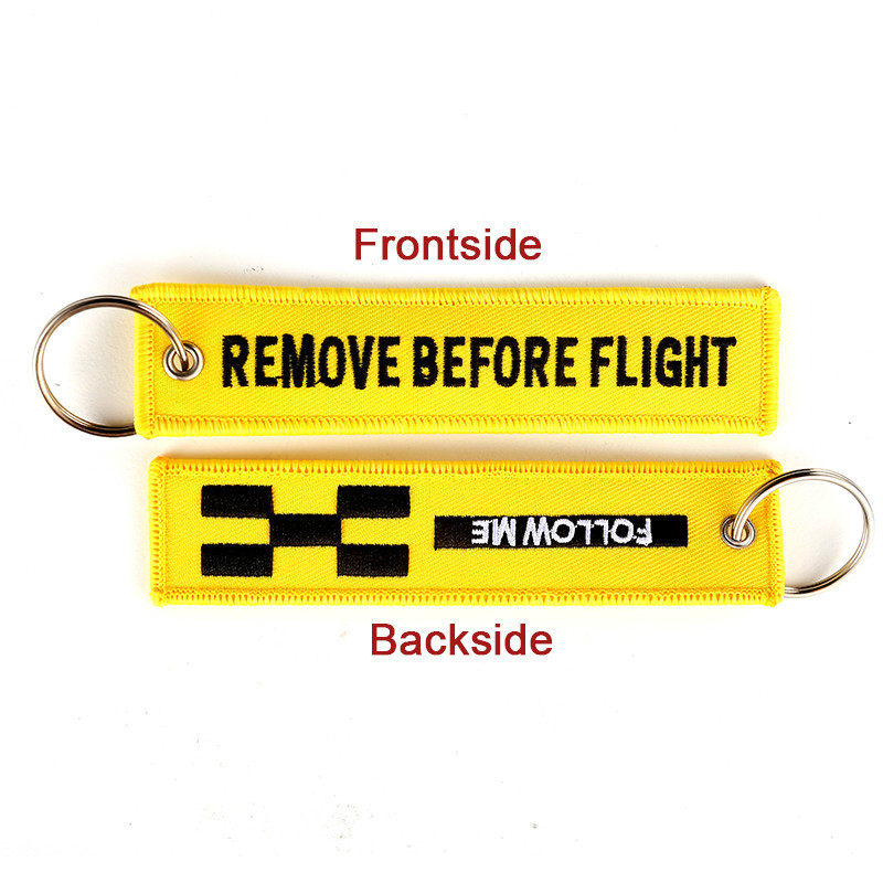 

5 Pcs/lot Remove Before Flight Follow Me Yellow Keychain Jewelry Embroidery Safety Tag Llavero Fashion Sleutelhanger, Silver