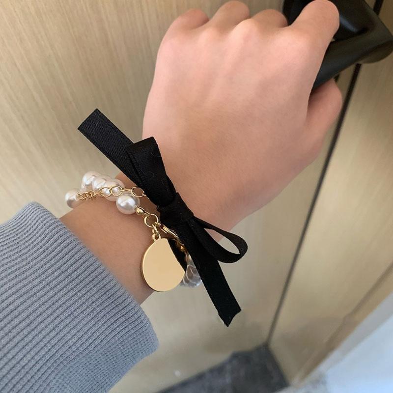 

Charm Bracelets LanMiLa Fashion Black Bowknot Coin Pearl Bracelet Women Jewelry