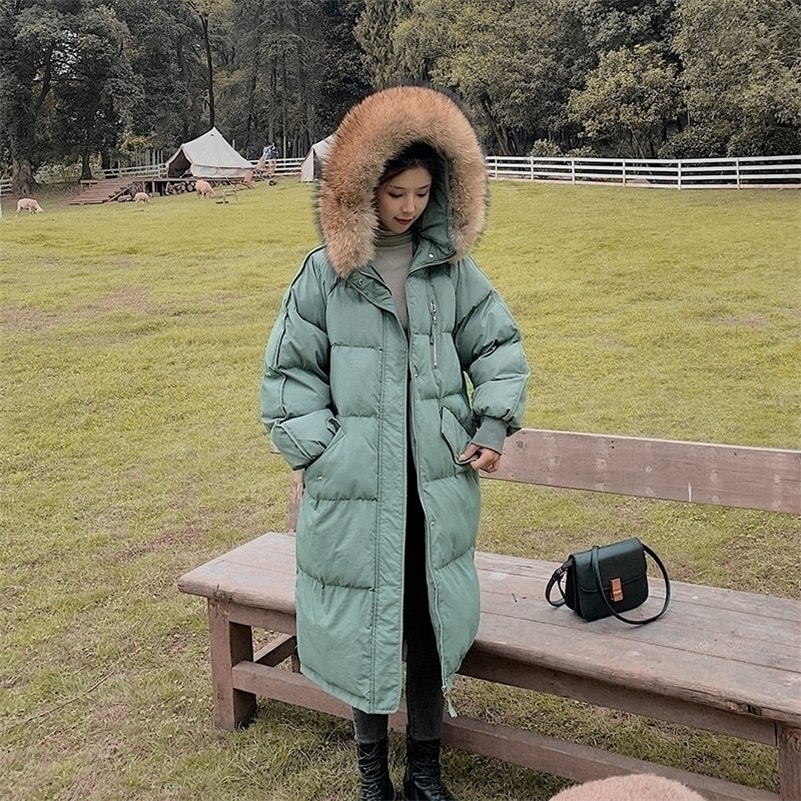 

Fashion Long Hooded Down Parka Ladies Coat New Warm Winter Jacket Women Loose Big Fur Collar Oversize Chic Coat Female 201201, Green