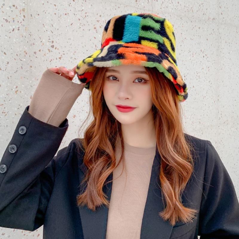 

Panama Hat Female Autumn Winter Harajuku Bucket Hats Ladies Short Brim Imitation Mink Velvet Cap Women Letter Fisherman Caps, White