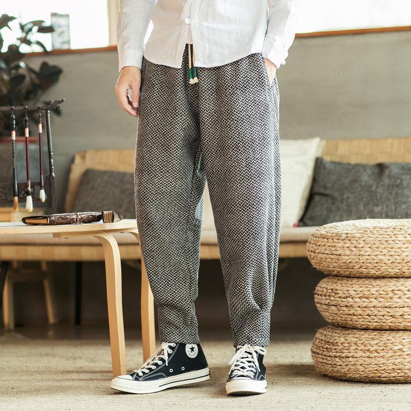

Men's Solid Color Straight Harem Pants Chinese Style Man Loose Ankle-Length Trousers Streetwear Male Casual Pants1, Black