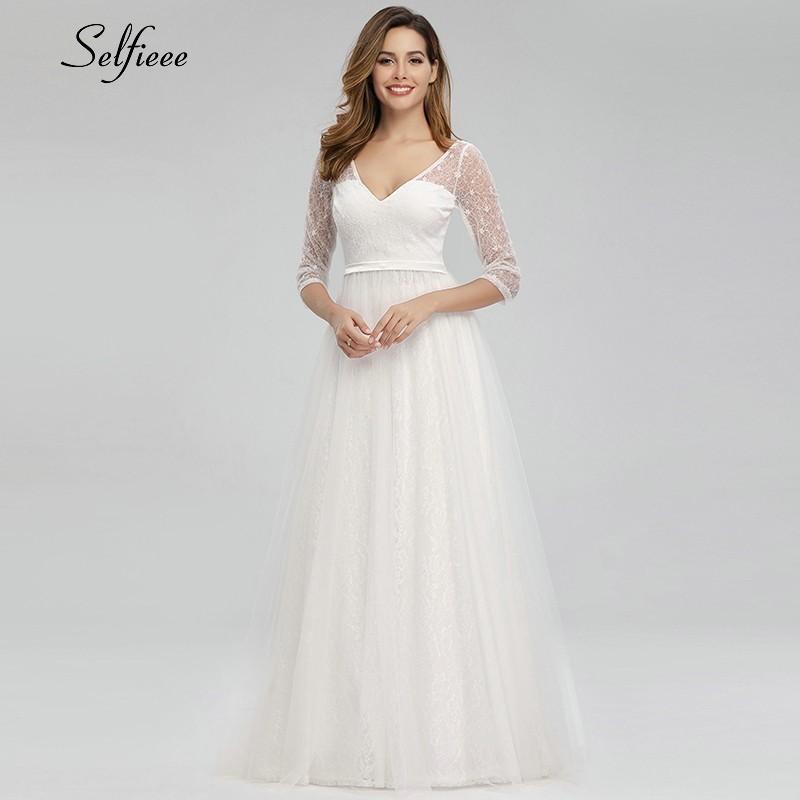 

Vintage White Lace Women Dresses A-Line V-Neck 3/4 Sleeve Elegant Maxi Summer Dresses Sexy Female Party Jurken Zomer